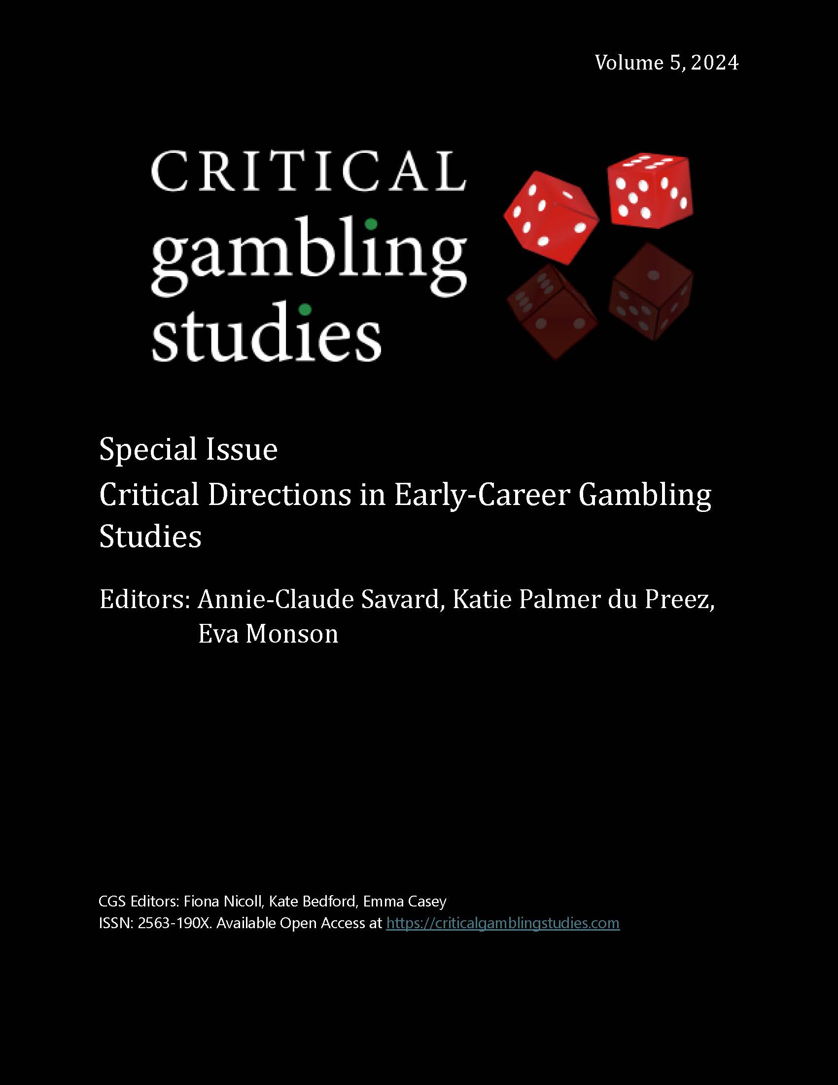 Cover page for Critical Gambling Studies, volume 5, issue 1, 2024. This special issue is titled Critical Directions in Early-Career Gambling Studies, edited by Annie-Claude Savard, Katie Palmer du Preez, Eva Monson.