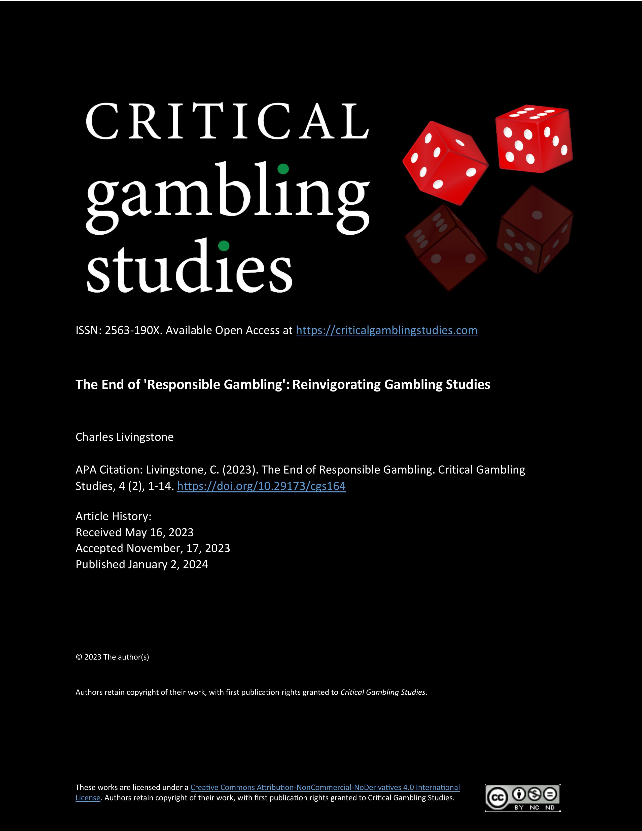 This is the cover page for this article. It shows the title of the journal Critical Gambling Studies, two red dice with white dots for numbers and the title and information of this article.