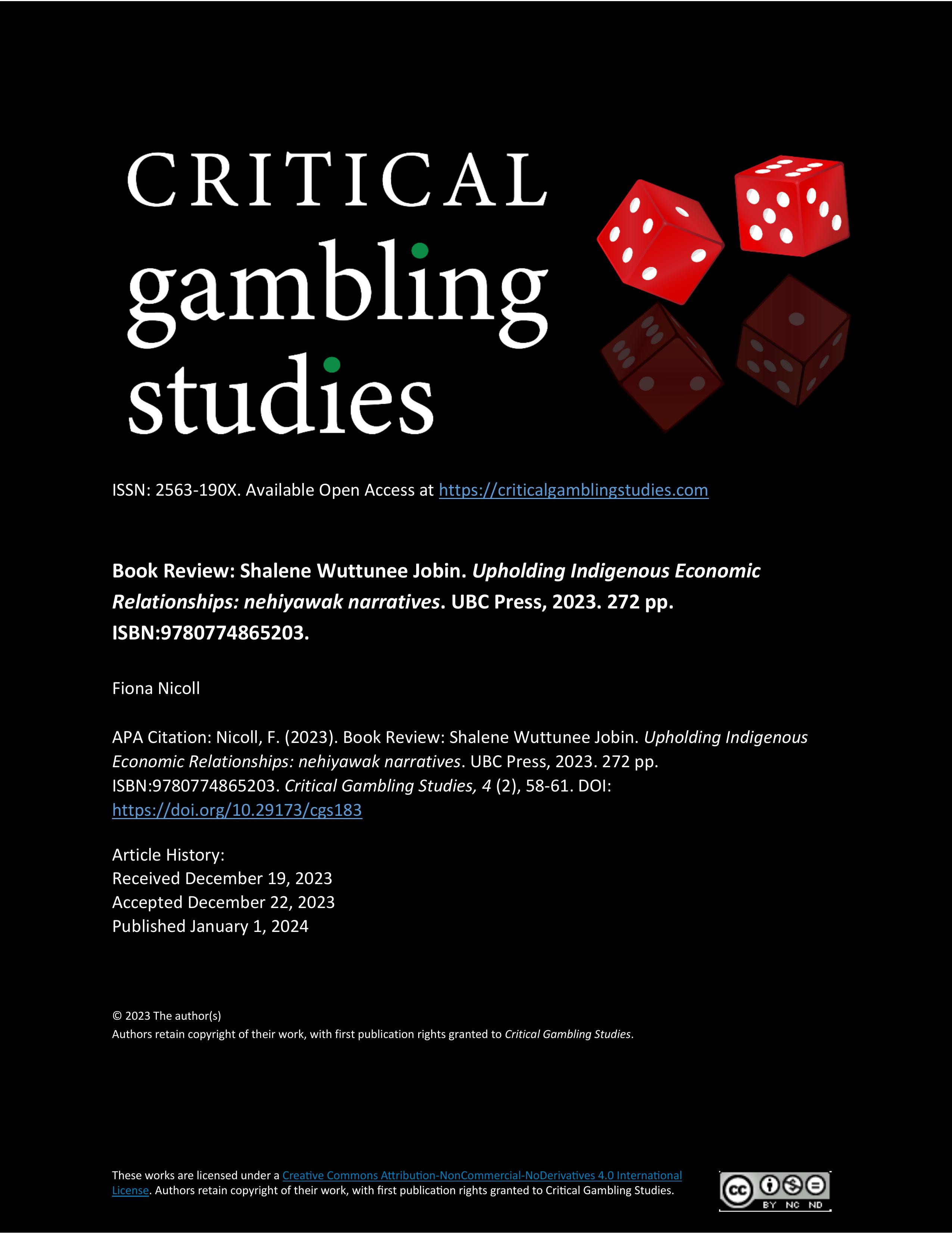 This is the cover page for this article. It shows the title of the journal Critical Gambling Studies, two red dice with white dots for numbers and the title and information of this article.